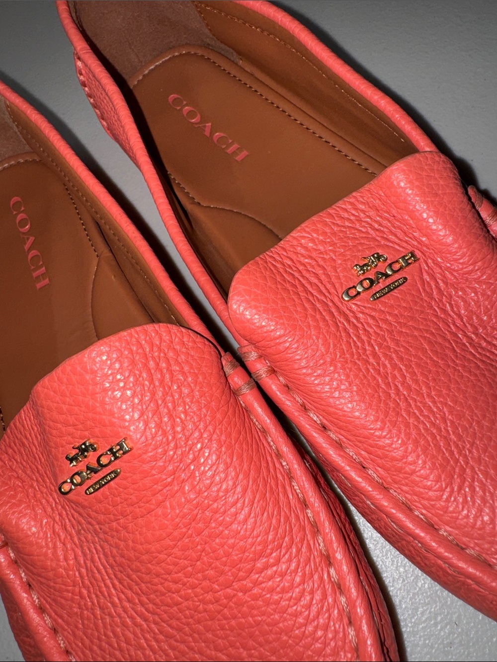 Coach Coral-Pink Leather Driving Loafers - Picture 2 of 5
